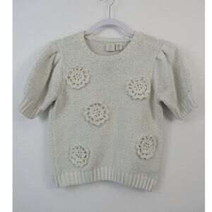 Joie Small White Sweater Flower Crochet Details Puff Sleeves Knit Short Sleeves